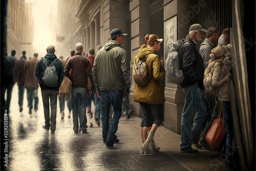 a group of people walking down a street next to tall buildings on a rainy day with a few people walking by the building and one person carrying a bag and a backpack on the other.