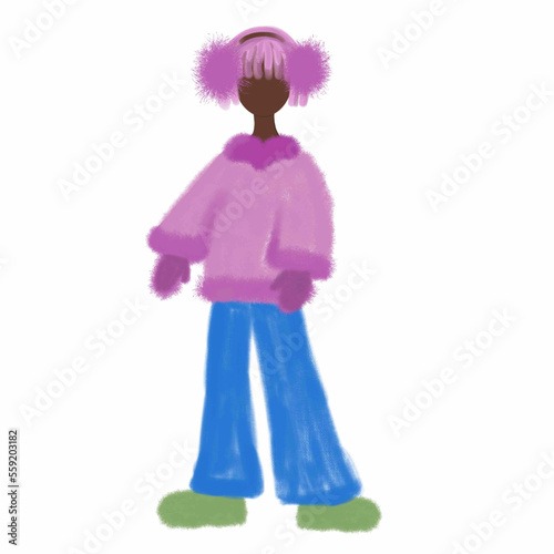 girl with a toy fashionable baby,beautifully and smartly dressed girl,pink sweater, blue jeans,fluffy headphones, pink hair,heart,stylish girl,stylist