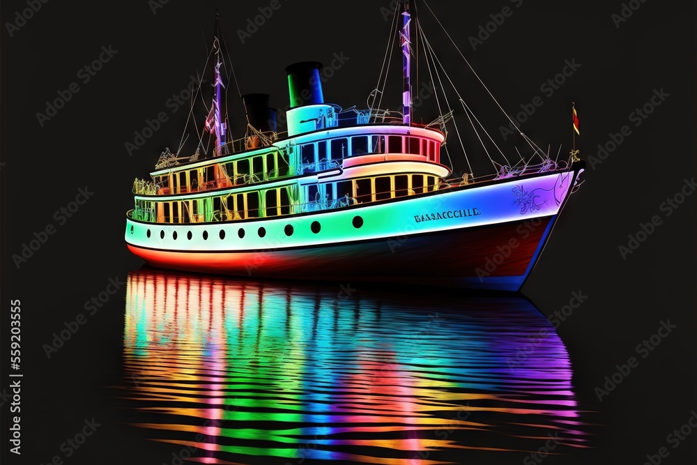 Obraz premium a large boat with a lot of lights on it's side in the water with a black background and a reflection of the boat in the water with a rainbow reflection on the water.