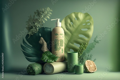 a green plant and some green items on a table with a green background and a green wall behind it and a bottle of lotion and a green leaf on the right side of the.
