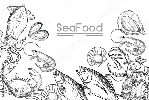 Illustration of seafood collection with different type of delicacy vector illustration with text on center on white background monochrome outline style