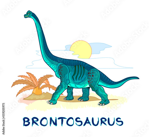 Illustration of brontosaurus. Prehistoric extinct dinosaur. Jurassic world animals. Isolated drawing on white background. Print for fabric, kids clothes, embroidery, wallpaper. Flat cartoon vector.