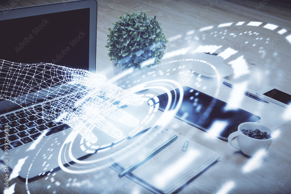 Double exposure of table with computer on background and data theme drawing. Concept of innovation. Double exposure of table with computer on background and data theme drawing. Concept of innovation.