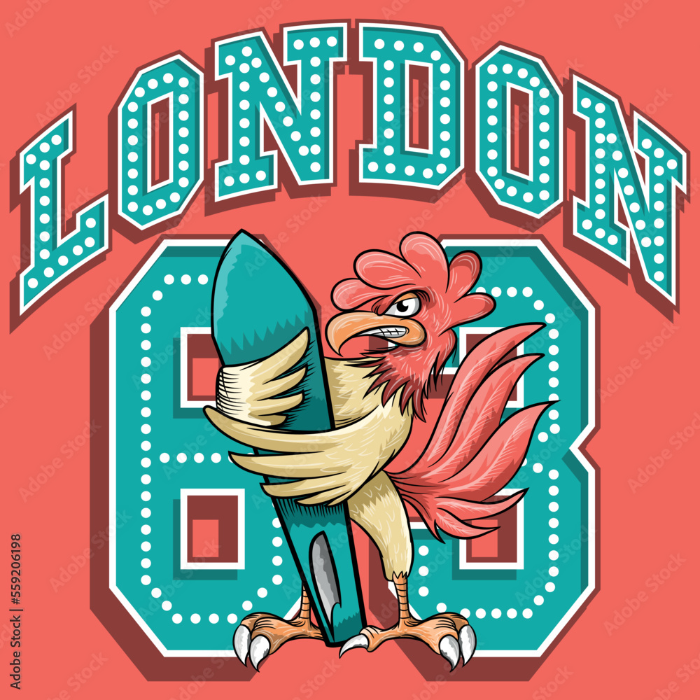 Obraz premium Illustration Rooster Surfer with Surfboard and text London 63 Retro Beach College fashion style