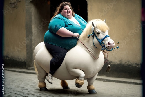 Joyful obese woman riding a little skinny pony photo, created with Generative AI technology photo