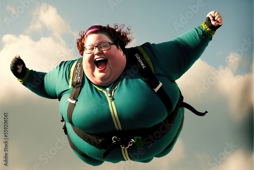 Fototapeta Joyful obese woman skydiving, created with Generative AI technology