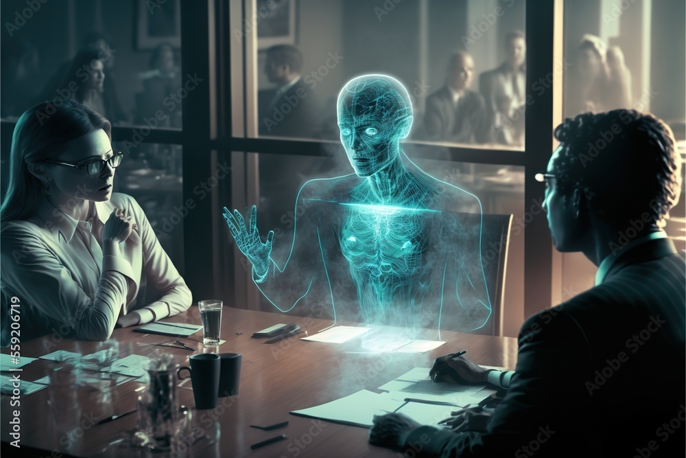Person talking to holograms on a business meeting, created with Generative AI technology Person talking to holograms on a business meeting, created with Generative AI technology