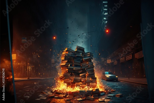 Book burning, Pile of burning books on the street, created with Generative AI technology