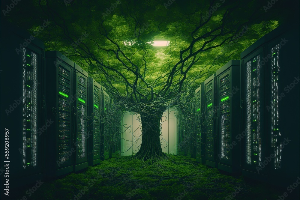Server room full of grass and trees, green computing, green technology, created with Generative AI technology - obrazy, fototapety, plakaty 
