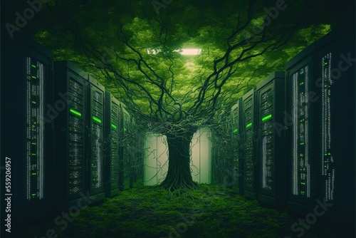 Server room full of grass and trees, green computing, green technology, created with Generative AI technology