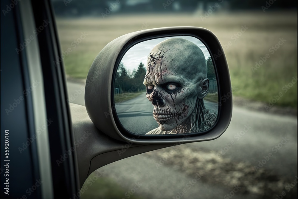 Zombie in a side mirror, created with Generative AI technology Zombie in a side mirror, created with Generative AI technology
