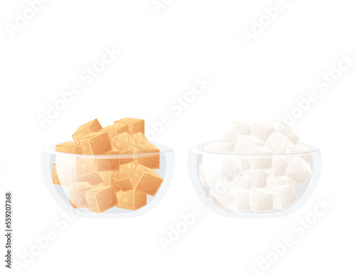 Two glass bowls with brown and white sugar cubes vector illustration isolated on white background