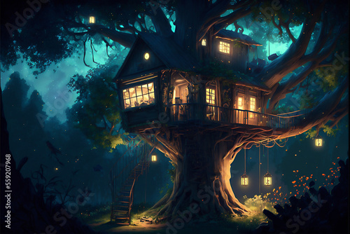 Whimsical Summer Treehouse at Night