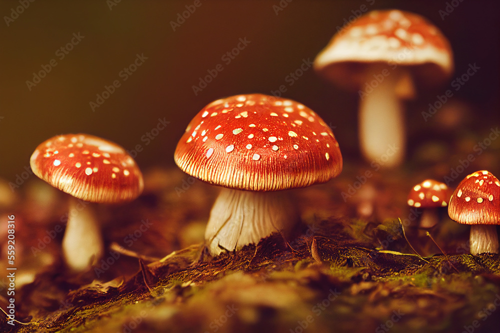 Fototapeta premium Red mushrooms in forest, Generative AI