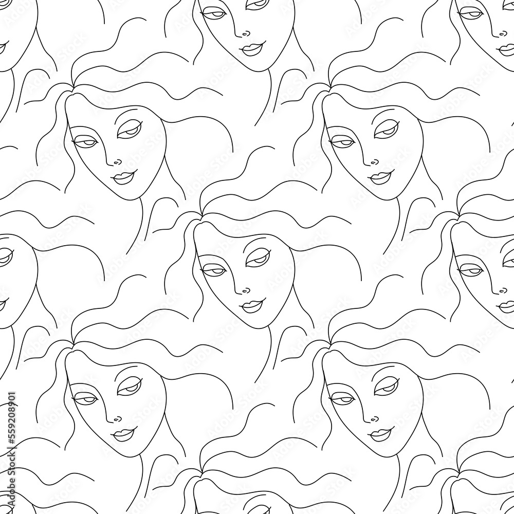Woman face line drawing  seamless pattern
