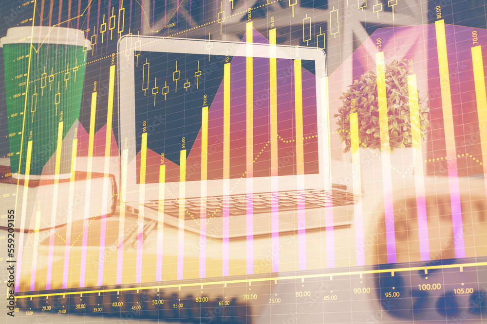 Stock market graph on background with desk and personal computer. Multi exposure. Concept of financial analysis. Stock market graph on background with desk and personal computer. Multi exposure. Concept of financial analysis.