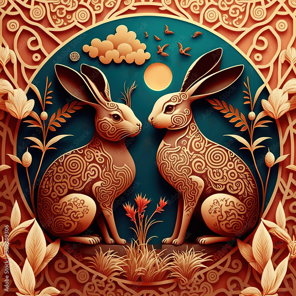 ornamental painting of a chinese zodiac rabbit for the chinese new year ...