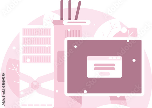 PC with wi-fi router. Computer display with logon window. Vector graphics