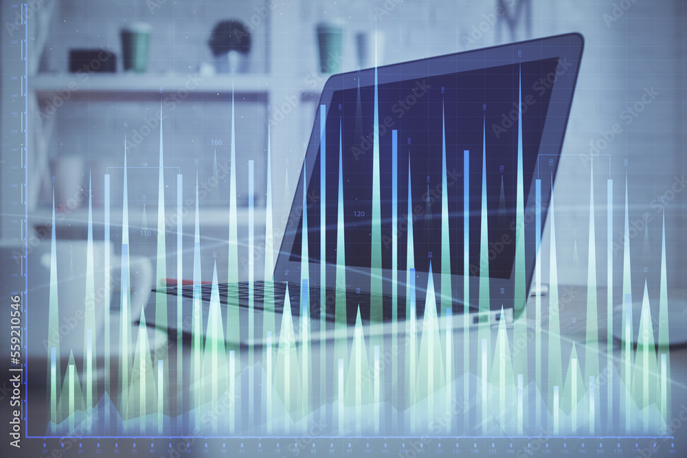 Stock market graph on background with desk and personal computer. Multi exposure. Concept of financial analysis. Stock market graph on background with desk and personal computer. Multi exposure. Concept of financial analysis.
