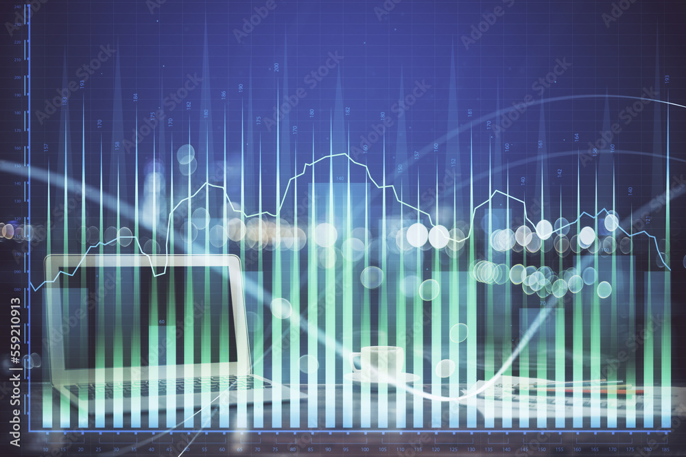 Stock market graph on background with desk and personal computer. Multi exposure. Concept of financial analysis. Stock market graph on background with desk and personal computer. Multi exposure. Concept of financial analysis.