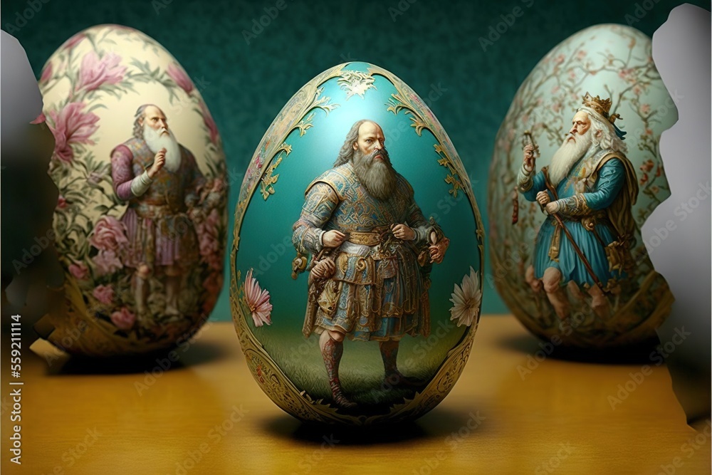three decorated eggs with a man and a woman on them on a table with a green background and a green wall behind them, with a green background, with a white border, and. three decorated eggs with a man and a woman on them on a table with a green background and a green wall behind them, with a green background, with a white border, and.