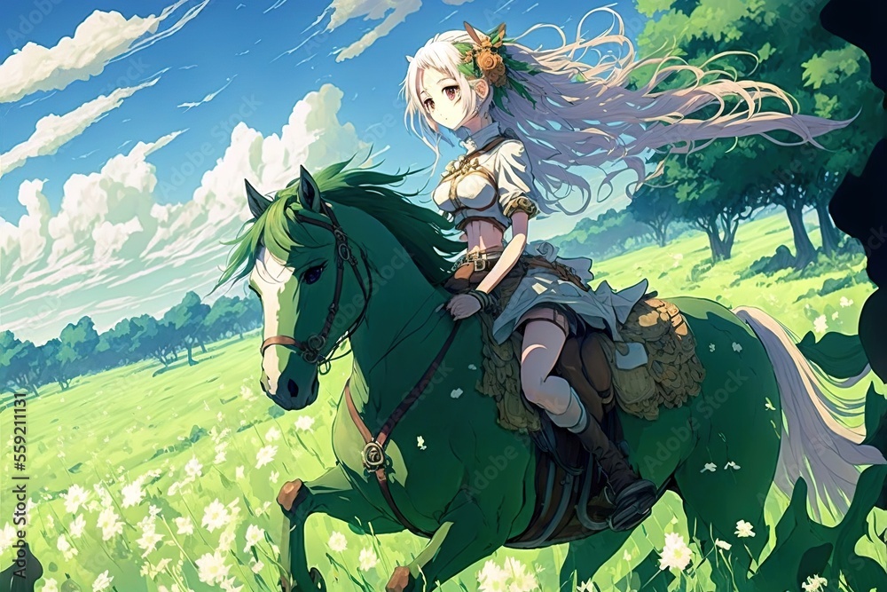 An anime girl riding a horse through a grassy field, | Stable Diffusion |  OpenArt