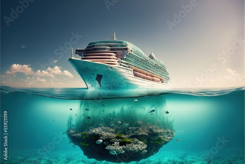 a large cruise ship in the ocean with a reef in the foreground and a coral reef in the foreground, with a small island in the middle of the water, and a.