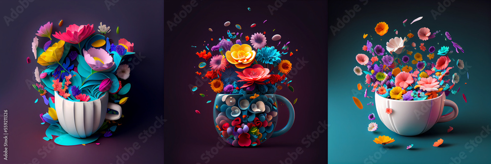 Illustration of colorful bouquet of flowers inside cup of tea, collection