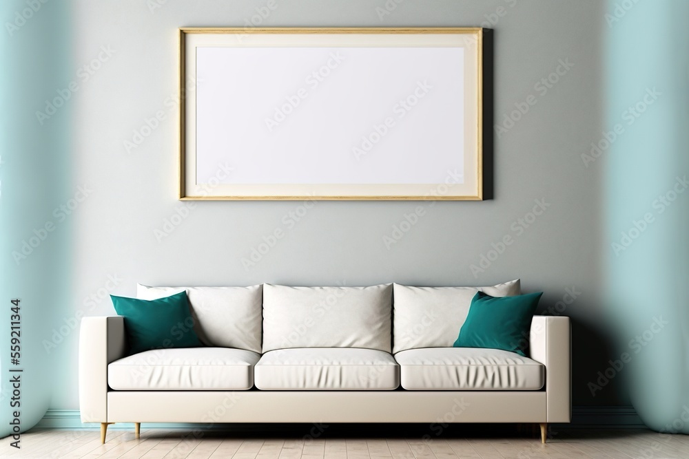 A horizontal wall art poster mockup with a frame hanging on a wall above a couch, generative ai A horizontal wall art poster mockup with a frame hanging on a wall above a couch, generative ai