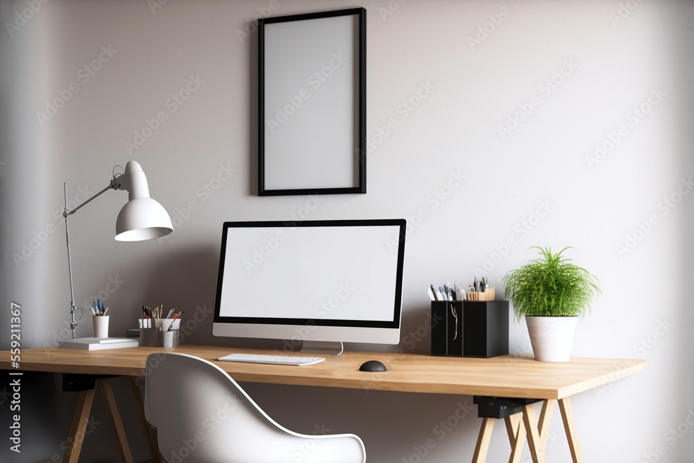 A vertical wall art poster in a frame hanging on an office wall, generative ai