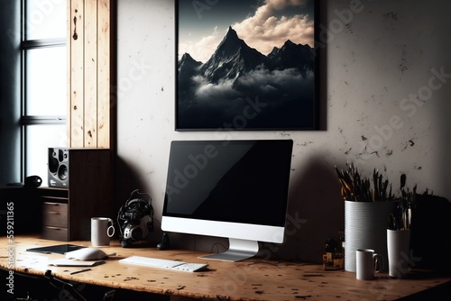 An office working table with a computer desktop and a wall art painting above it, generative ai photo