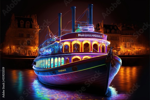 a boat with lights on it floating in the water at night time with a building in the background and a lit up building in the background with lights on the water and a boat in.