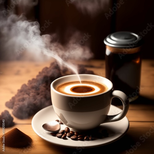 cup of steaming hot coffee on a wooden table 3D IA