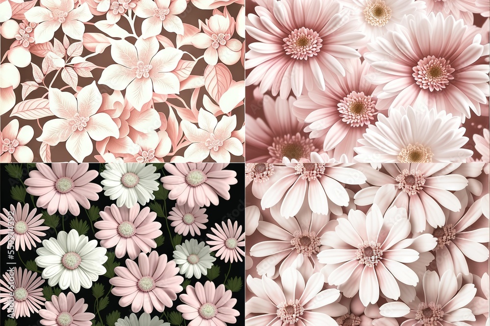 a bunch of flowers that are in different colors and sizes, all with different petals on them, all with a single flower in the middle of the petals, and a few smaller flowers in the middle.
