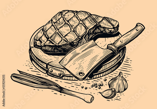 Grilled beef steak tenderloin and butcher knife on wooden cutting board. Grill food, engraved sketch vector illustration