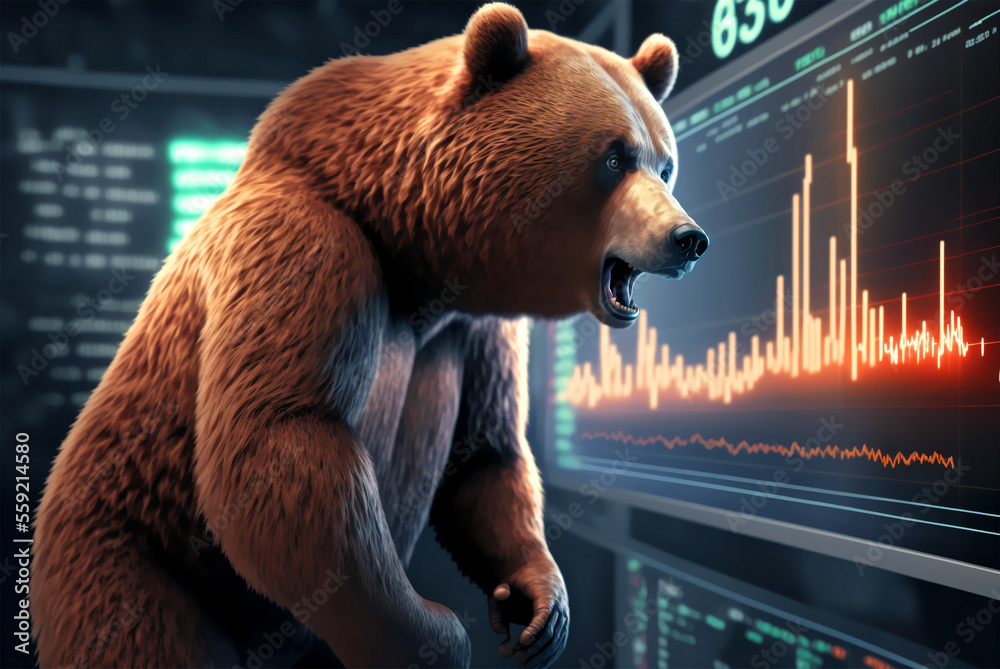 The bears are on the move and are causing shares to fall on the stock market - obrazy, fototapety, plakaty 