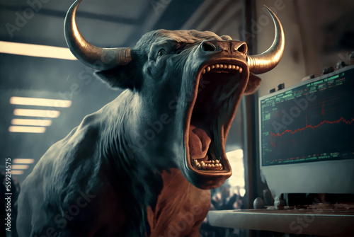 Ein wütender Bulle lässt die Börse steigen und sorgt für einen Anstieg der Aktien generative ai photo
