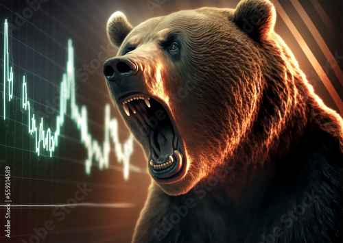 Ein wütender Bär lässt die Aktienkurse an der Börse fallen. Die Bären gehen um generative ai photo
