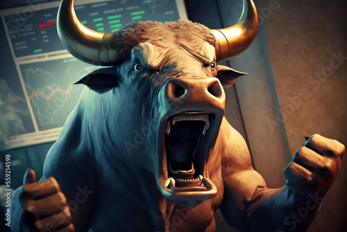 An angry bull sends the stock market rising and shares soaring generative ai photo
