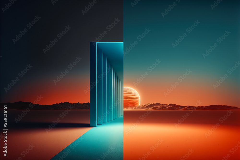 A rectangular object with a bright light coming out of its side and a desert landscape in the background, generative ai