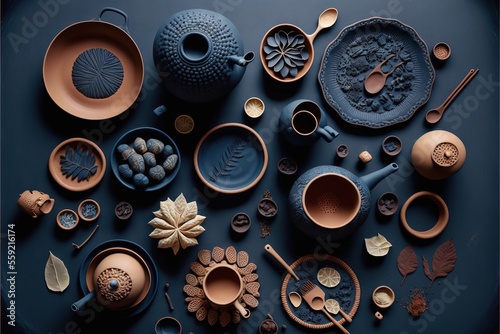 a collection of ceramic objects on a table top with a blue background and a black background with a white border around the top of the image and bottom half of the image is a blue.