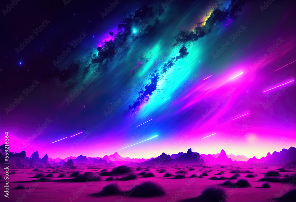 Neon color night sky art illustration. Generative AI