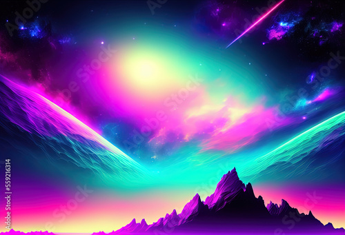 Neon color night sky art illustration. Generative AI © lndstock