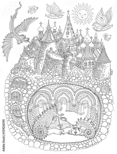 Fairy tale underground Dragon family cave apartment in the old medieval town. Black and white Adults coloring book page