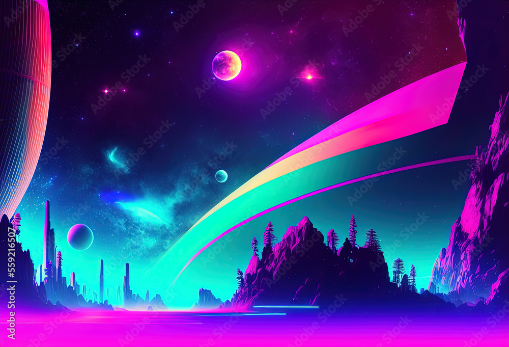 Neon color night sky art illustration. Generative AI Neon color night sky art illustration. Generative AI