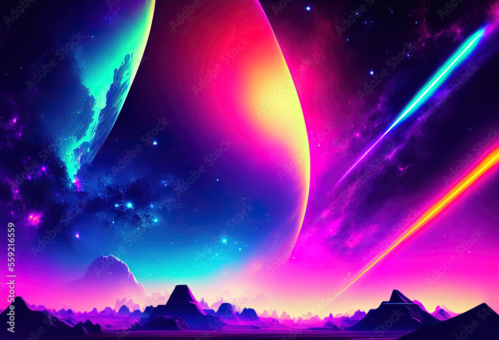 Neon color night sky art illustration. Generative AI Neon color night sky art illustration. Generative AI