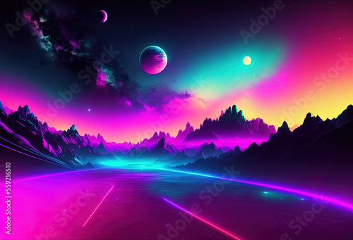 Neon color night sky art illustration. Generative AI