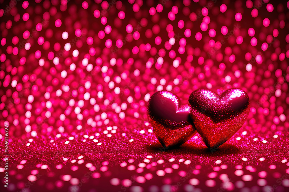 Valentine's Day two red purple hearts on pink glitter. Valentine beautiful romantic love card. Generative AI