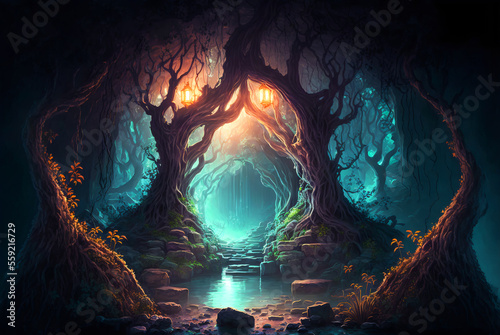 Fantasy forest portal or path scene AI Generative 