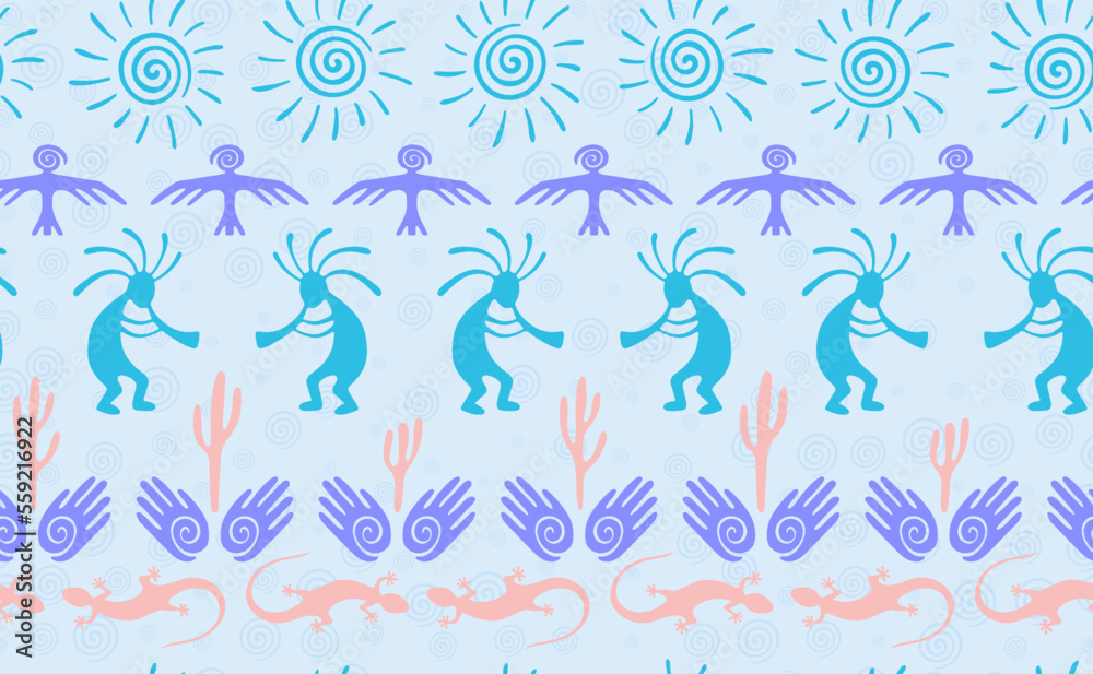 Fototapeta premium Kokopelli with flute, pangolin, hawk, sun symbol, hands and plant tribal vector seamless pattern.